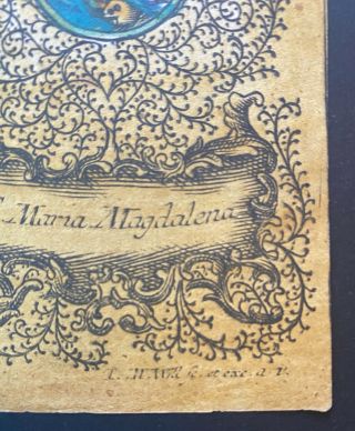 Engraving Antique 18th? century HOLY CARD St Mary Magdanela Maria Sign 2