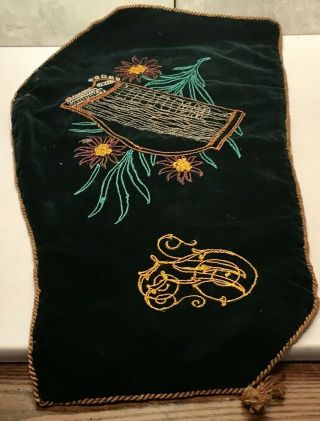 Antique Vintage German Hand Made Embroidered Velvet Zither Cover W Silk Lining