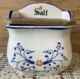 Vintage Ceramic Blue & White Salt Box Hanging With Wood Lid - Decor Antique