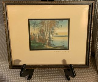Vtg Wallace Nutting Print Signed Matted Framed Birch Trees & Canoe Small 8’5”