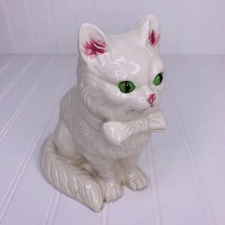 Vintage Ceramic Cat Planter Vase Made In Japan White Rare Green Eyes