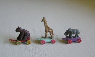 3 Vintage Dollhouse Miniature Cast Metal Pull Toys Bear,  Giraffe,  Elephant