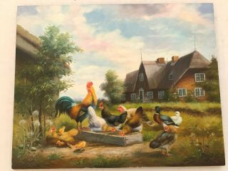 Vintage Rooster Hens Ducks Oil Painting On Wood – Chicken Farm – Signed Boyd
