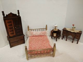 Wood Bedroom Set W/ Brass Double Bed Vintage Miniature Dollhouse Furniture 1:12