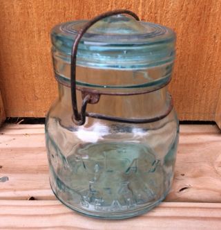 Antique Atlas E - Z Seal Aqua Glass Fruit Jar Lid Wire Handle Bail Canning Pint