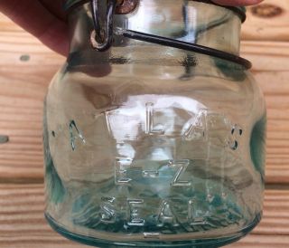 Antique ATLAS E - Z SEAL Aqua Glass Fruit Jar Lid Wire Handle Bail Canning Pint 2