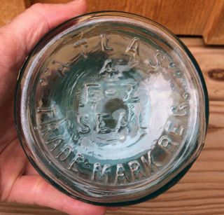 Antique ATLAS E - Z SEAL Aqua Glass Fruit Jar Lid Wire Handle Bail Canning Pint 3