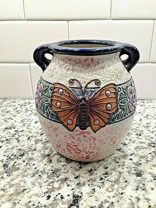 Czech Czechoslovakia Signed Majolica Amphora Vase Butterfly Antique Nr