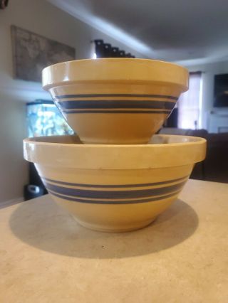 Fine Antique Hull Pottery Yellow Ware Two Bowl Set Blue Striped Bowls 10 " & 8 "