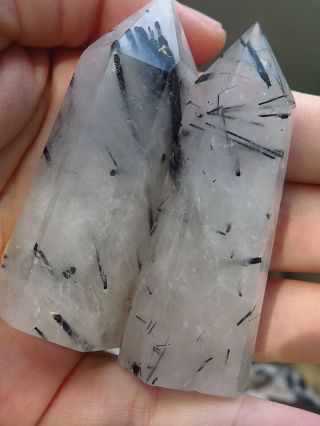 2 Natural Rare Black Tourmaline Quartz Crystal Point Healing