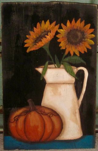 Primitive Hp Folk Art Pitcher Of Sunflowers Pumpkin Reclaimed Wood