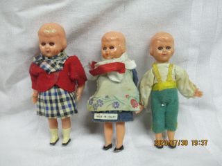3 Small Vintage Early Plastic Dolls - Made In Italy