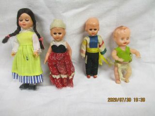 4 Small Vintage Early Plastic Dolls - Made In Italy