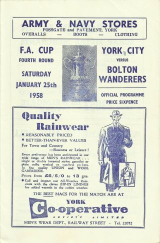 Rare Football Programme York City V Bolton Wanderers Fa Cup 4th Round 1958