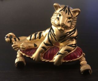 Vintage Signed Bob Mackie Royal Tiger Big Cat On Pillow Enamel Brooch Pin