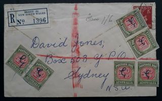 Rare 1956 Australia Registered Cover Moree To Sydney Taxed 1/6 - With Due Stamps