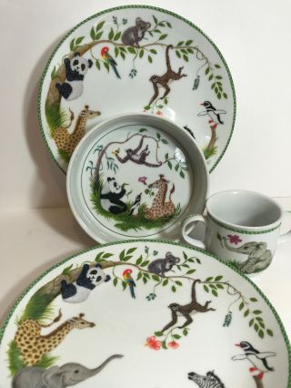 Rare Lynn Chase Signed 4 Piece Jungle Animal Party 2 Plates Bowl Cup Box Euc
