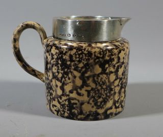 Rare Antique Georgian Sponge Ware Cream Ware Small Jug Later Silver Mount