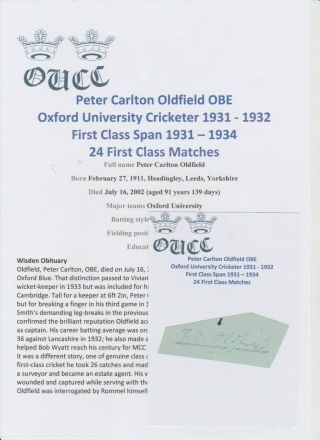 Peter Oldfield Oxford University Cricketer 1931 - 32 Rare Orig Hand Signed Cutting