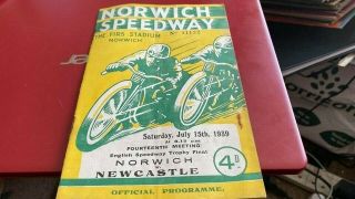 Norwich Stars V Newcastle Diamonds - - Speedway Programme - - 15th July 1939 - - Rare