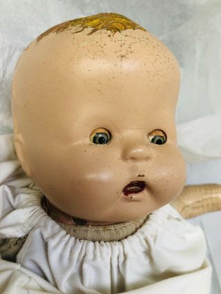 Antique Composition Cloth Doll Painted Face Molded Hair 16in Eyes Open - Close