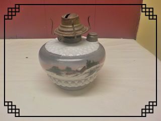 Antique Victorian Hand Painted Milk Glass Oil Lamp Font Brass Burner