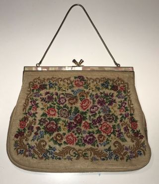 Vintage Pink Rose Mother Of Pearl Petit Point Tapestry Purse Bag