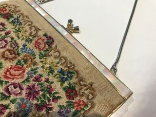 Vintage Pink Rose Mother of Pearl Petit Point Tapestry Purse Bag 2