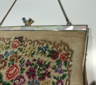 Vintage Pink Rose Mother of Pearl Petit Point Tapestry Purse Bag 3