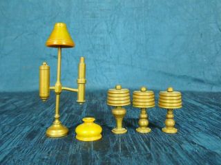 Vintage Brass Miniature Dollhouse 4 Lamps And 2 Shades (bakelite?) Patina
