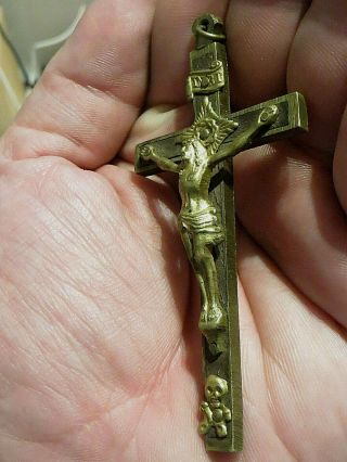 Antique French Crucifix Cross Pendant,  Scull &bones - Bronze With Ebony Inlay