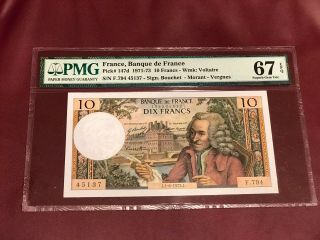 France French 10 Francs Voltaire Pmg 67 Gem Unc Pick 147d Issued 1972 Rare Date
