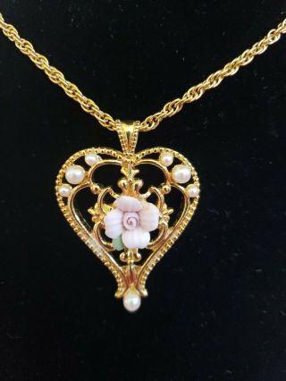 Vintage Avon Heart Necklace & Earring Set Porcelain Pink Rose Jewelry