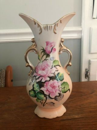 Vintage Hand Painted Porcelain 10 " Vase With Gold