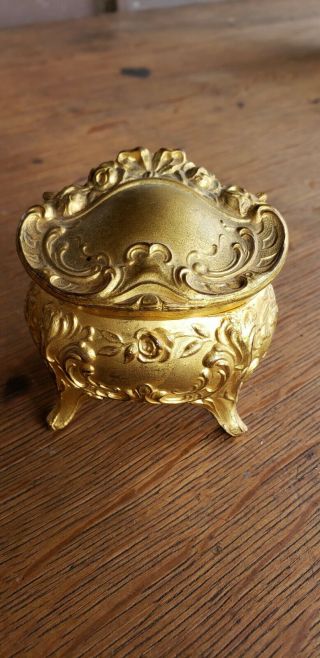 Small Vtg Antique Art Nouveau Lined Cast Gilt Metal Casket Jewelry Trinket Box