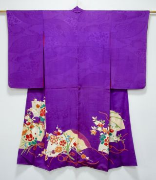 Japanese Silk Antique Kimono / Fan & Flower / Purple / Vintage Silk Fabric /431