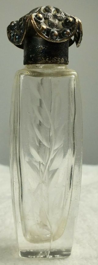 Antique French Cut Glass Mini Perfume Bottle Applicator W/ Silver Filigree Lid
