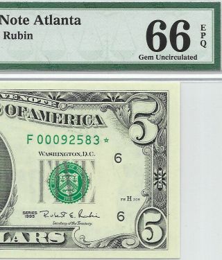 1995 $5 Atlanta Rare Star ⭐️ Frn Pmg Gem Uncirculated 66 Epq Banknote Low Sn