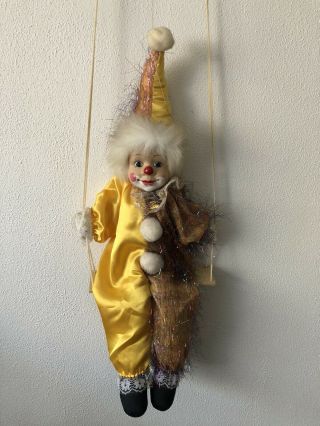 Vintage Clown Doll Porcelain Face On Swing Soft Body 61cmt Gold & Brown Outfit