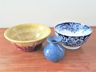 Antique Royal Bonn Wildrose Germany Bowl,  Blue Pottery Vase,  Yellow Ceramic Bowl