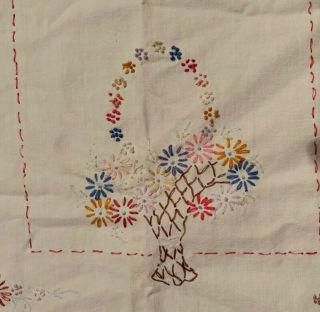 Antique Hand Embroidered Linen,  36 X 14,  Floral Lace Edge,  Basket Design,  White