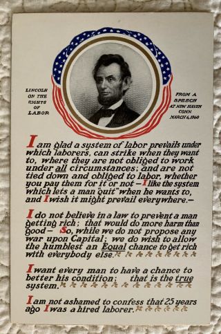 Vintage Antique Patriotic Labor Abraham Lincoln Memorial Postcard