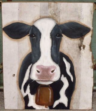 Primitive Hp Folk Art Prim Black & White Cow Cow Bell Reclaimed Wood