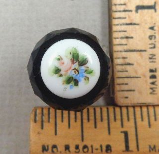 Faceted Antique Glass Button,  W/ Hand - Painted Porcelain Cap/ome,  Floral Design