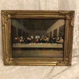 Antique Vintage Last Supper Print Wooden Golden Painted Frame Picture 14.  5x11.  5