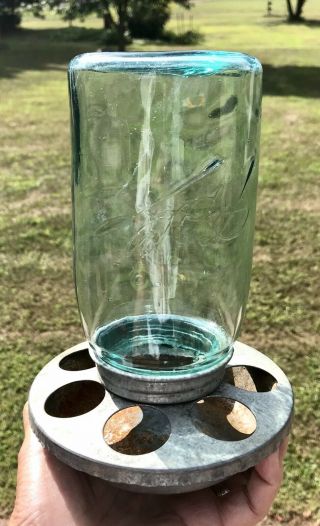 Vintage Chicken Feeder/waterer Galvanized Tin With Blue 3l Ball Jar