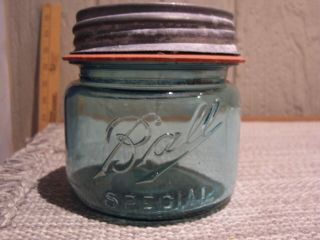 Antique Ball Special Mason Wide Mouth Pint 7 Aqua Glass Fruit Canning Jar,  Zinc