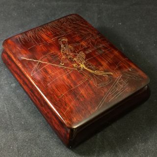 Antique Chinese Gold Silver Wire Inlaid Hand Carved Jewelry Wood Box Zi Tan 紫檀盒