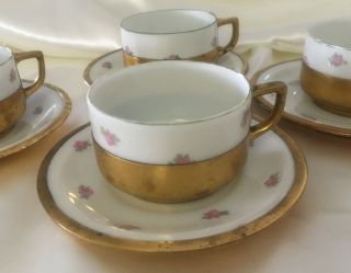 Antique Limoges Porcelain Cup & Saucer Set Of 4 Heavy Gold Gilt Tea Demitasse