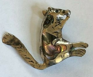 Antique 925 Sterling Silver Squirrel Pin With Abalone Shell Inlay